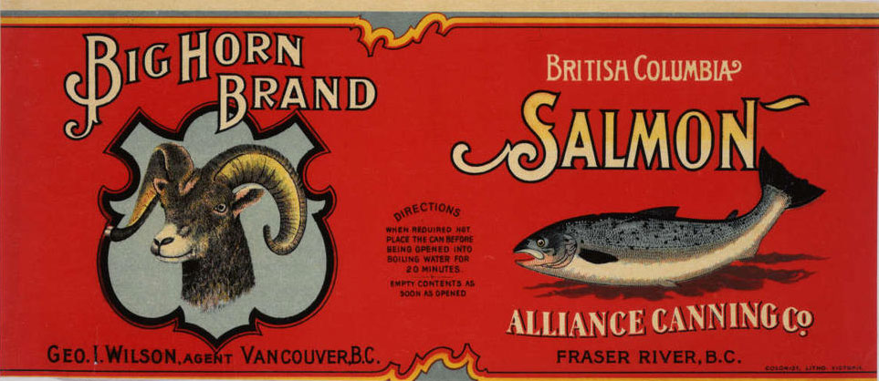 Une étiquette rouge avec le dessin d'une tête d'un mouflon et d'un saumon.