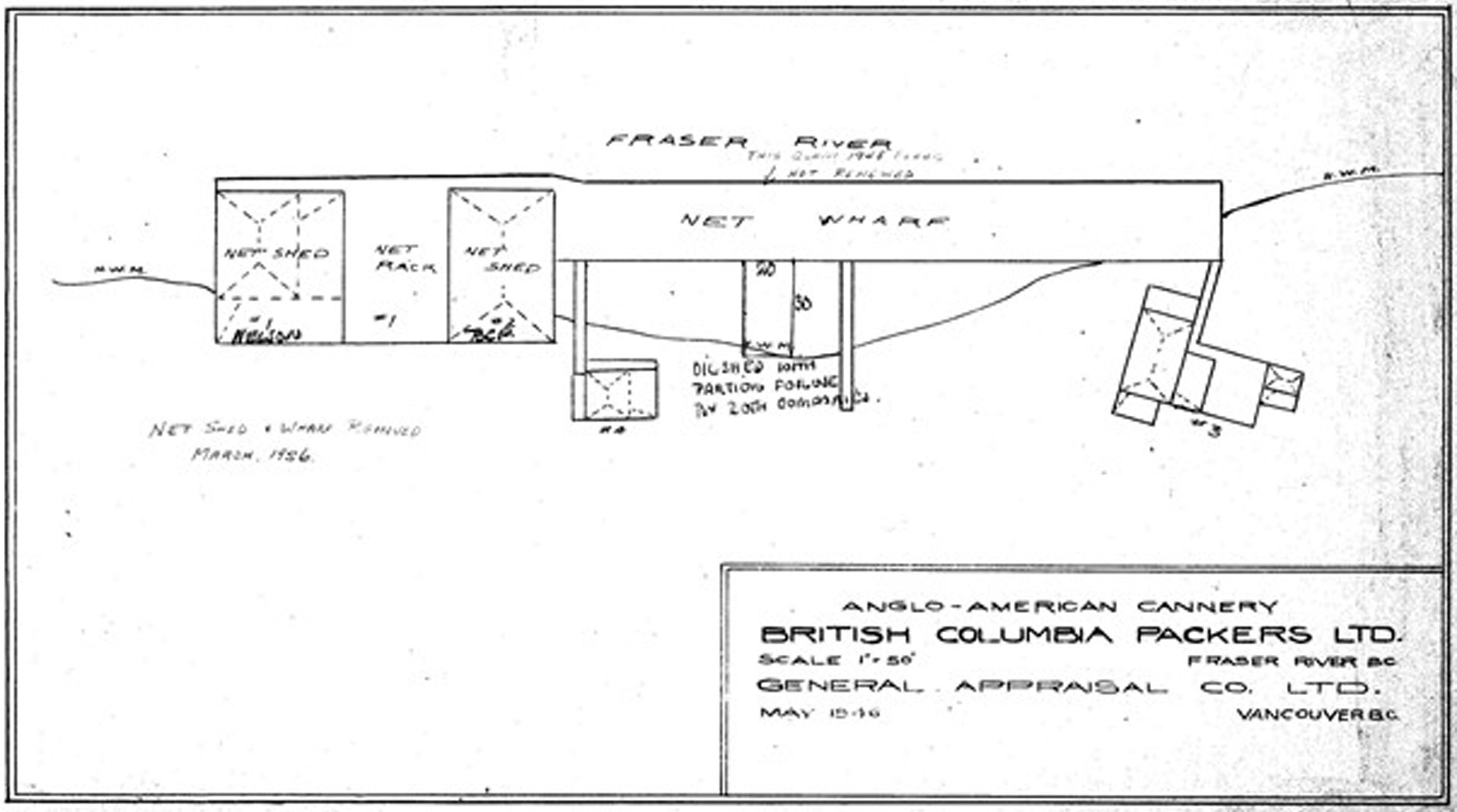 Dessin en noir et blanc illustrant les bâtiments de la conserverie et le débarcadère des filets.