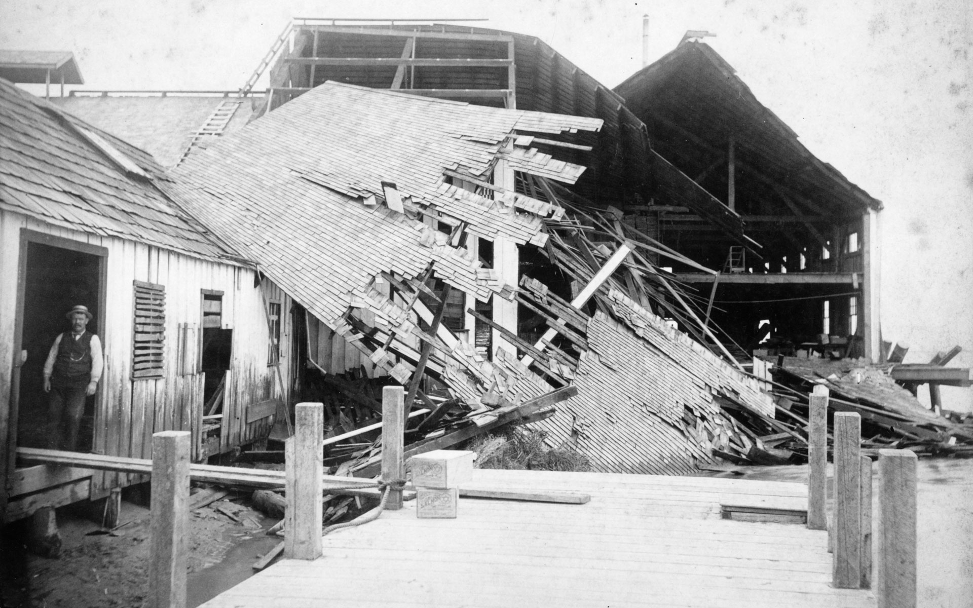 Cannery building with collapsed roof.