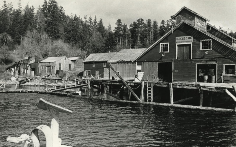 Bâtiments en bois sur piliers avec de l'eau à l'avant-plan.