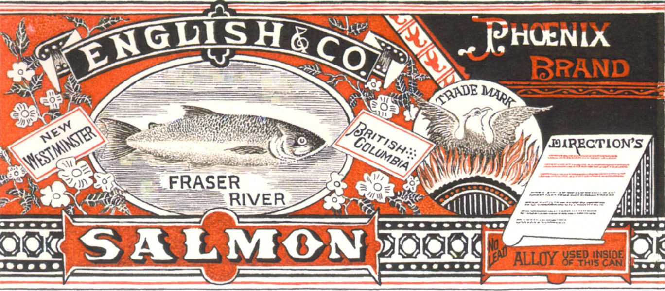 Red, black, and white label features a salmon image.