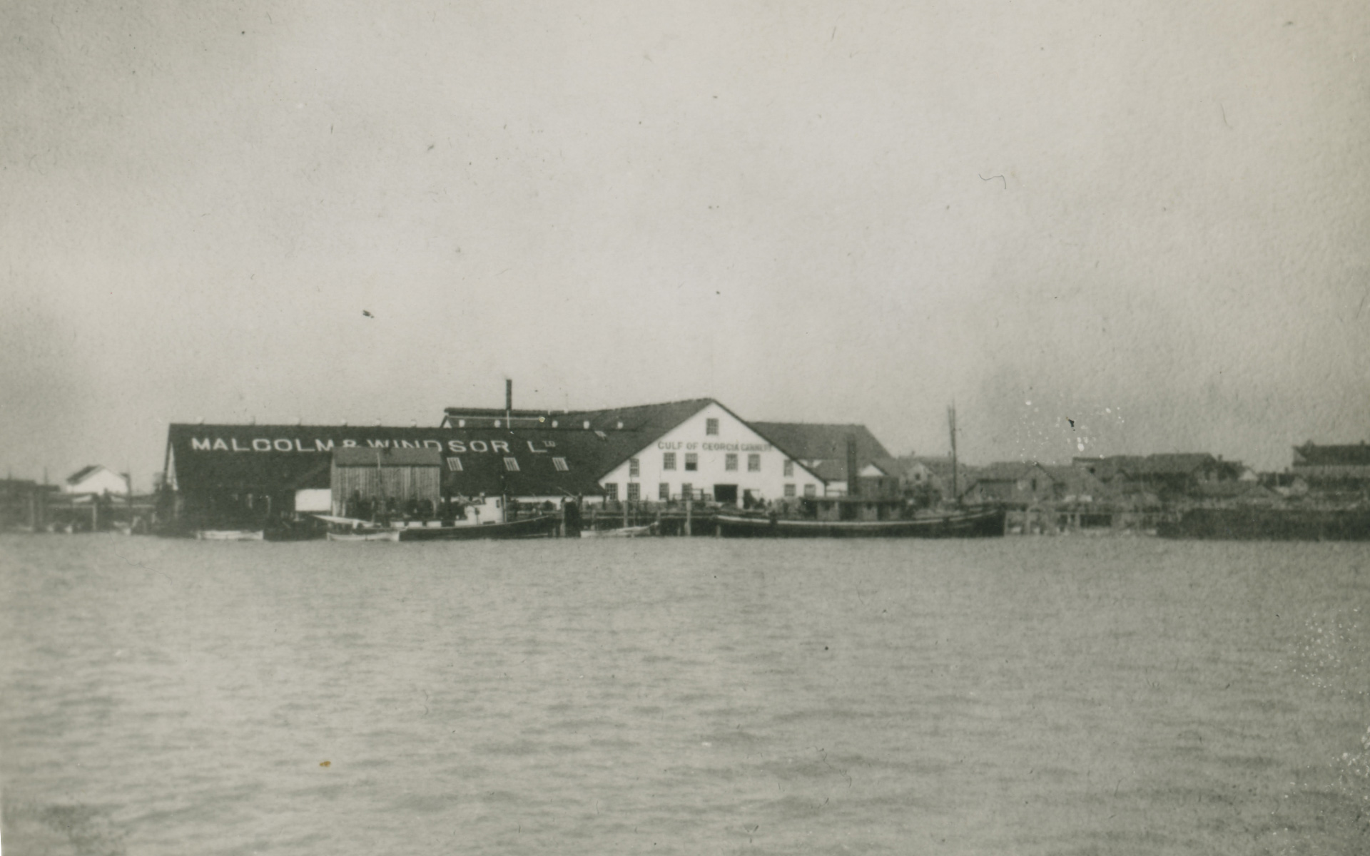 Gulf of Georgia Cannery buildings viewed from the water.