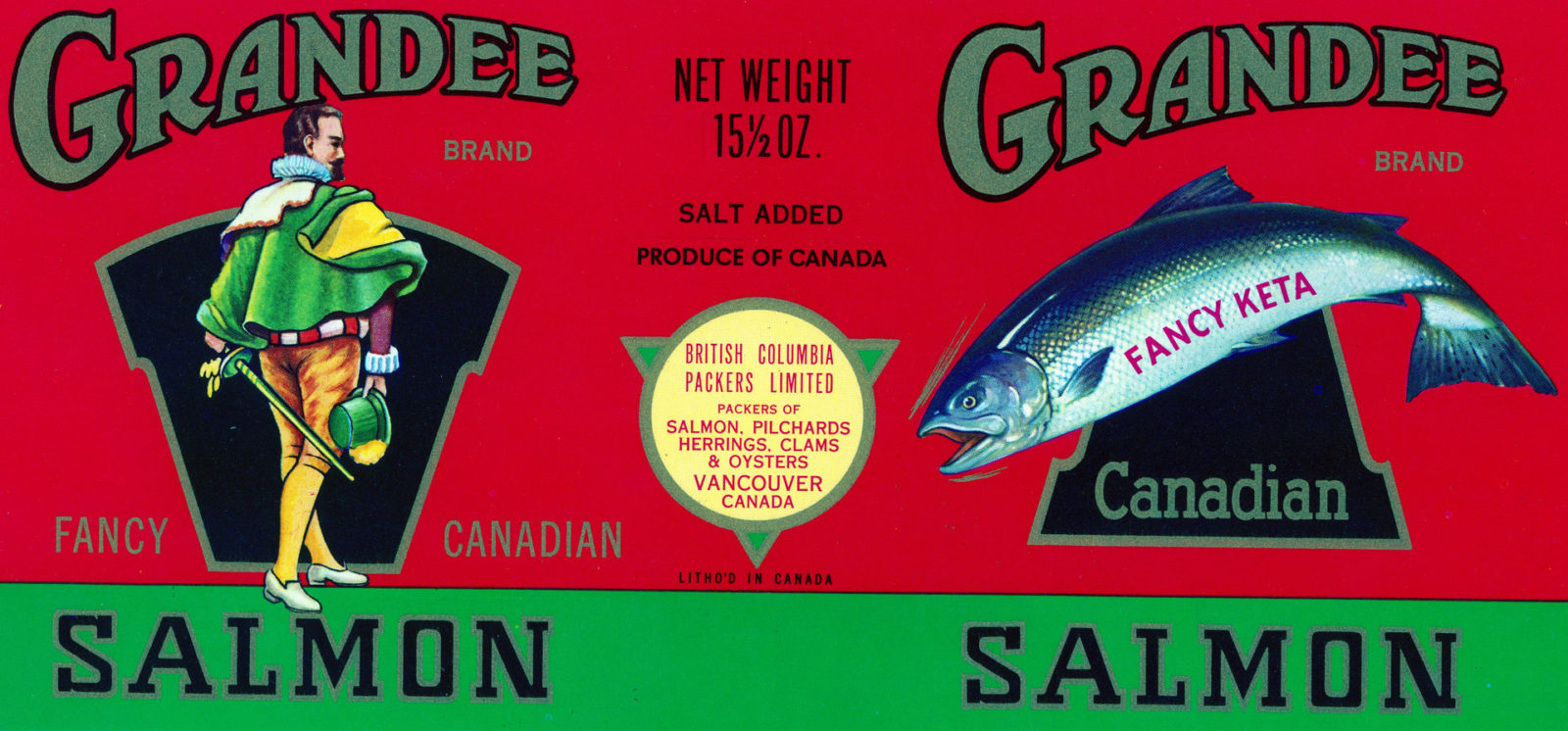 Red label features a man in fancy clothes and a salmon labeled "Fancy Keta".