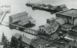 Prise de vue de haut des bâtiments de la conserverie Kildonan et des quais s'avançant dans l'eau.