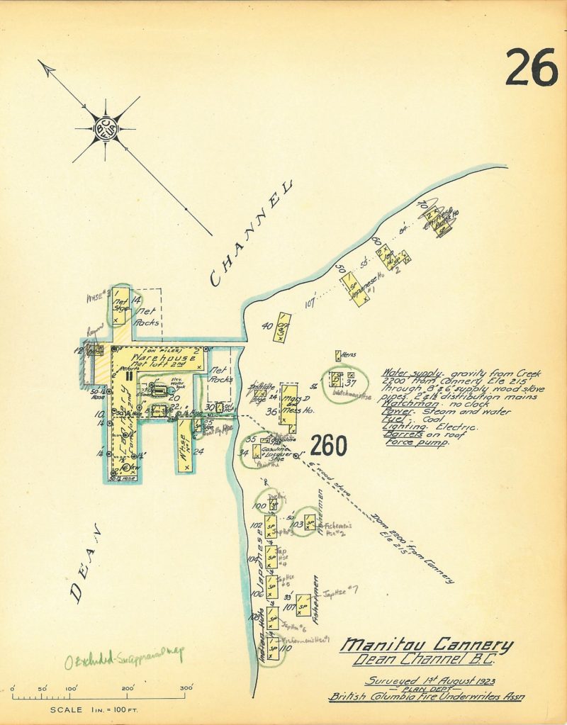 Dessin à l'échelle de la conserverie Manitou. La mention « Conserverie Manitou - Inspectée le 1er août 1923 Département de planification. Association des assureurs en incendie de la Colombie-Britannique » apparaît en bas de page.
