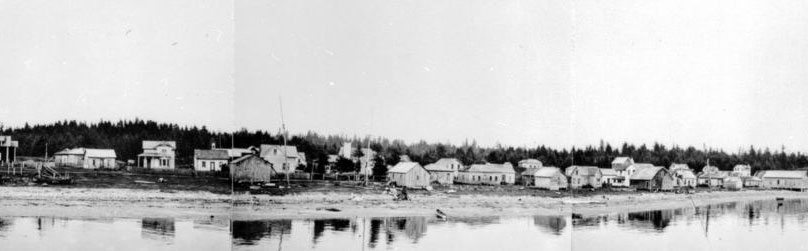 Buildings line the beach facing the water.