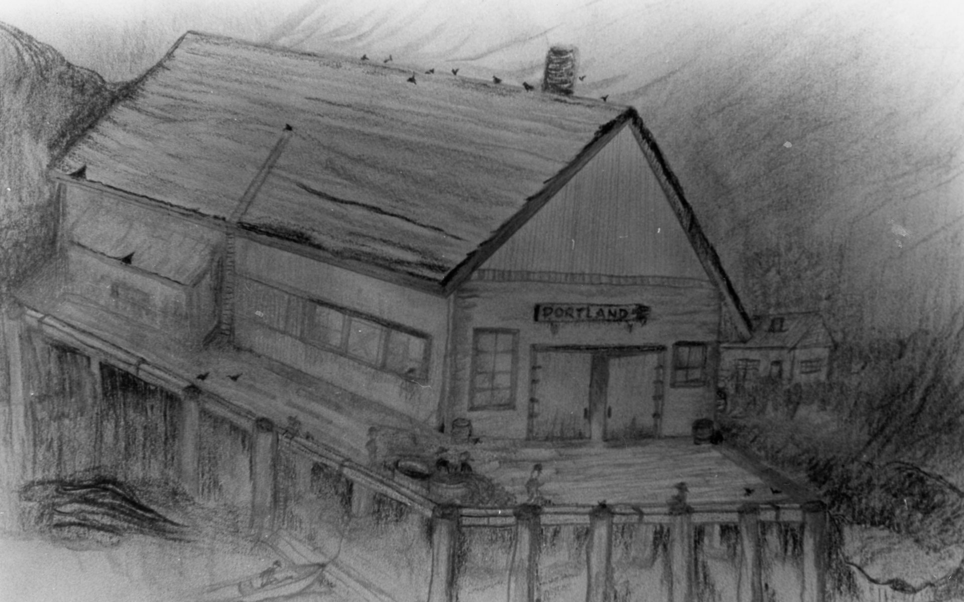 Black and white drawing of the main cannery building and dock.