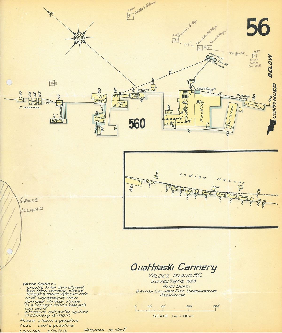 Scale drawing of the Quathiaski Cannery site. It reads: "Quathiaski Cannery- Valdez Island B.C.- Survey Sept. 12, 1923 Plan Dept. British Columbia Fire Underwriter's Association."