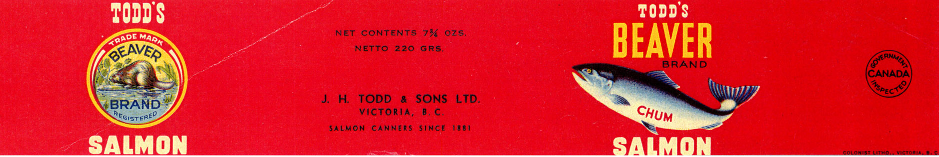 Étiquette rouge montrant un saumon kéta et un castor.