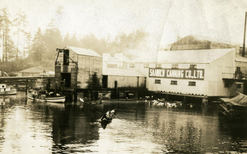 Bâtiments de conserverie vus de l'eau avec des skiffs à l'avant-plan.