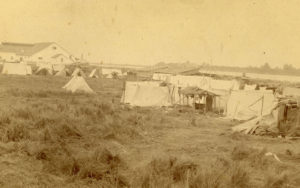 Groupe de tentes dans un champ avec les installations d'une conserverie en arrière-plan.