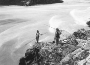 Two First Nations men fishing with dip nets on a rocky river bank. Several salmon are visible lined up on the bank.