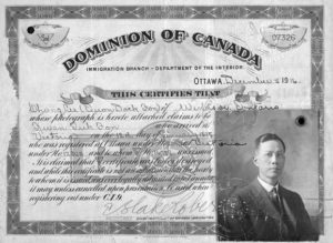 Original head tax certificate belonging to Chong Lee. Head Tax certificate #07326 issued December 6 1916