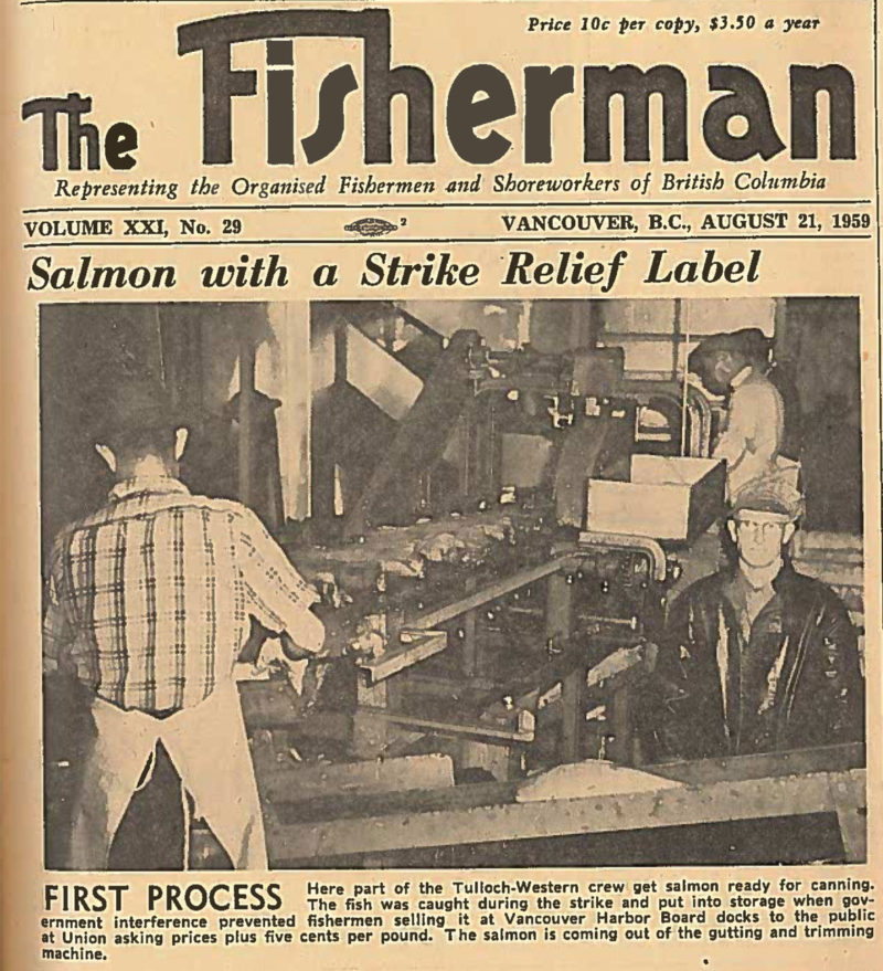 Portion of a newspaper article with the title "Salmon with a Strike Relief Label" and a photo of male workers in a cannery