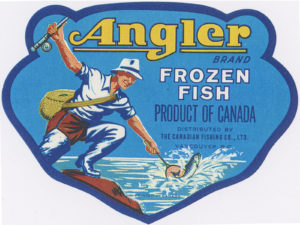 Étiquette bleue avec le nom de la marque Angler écrit en jaune.