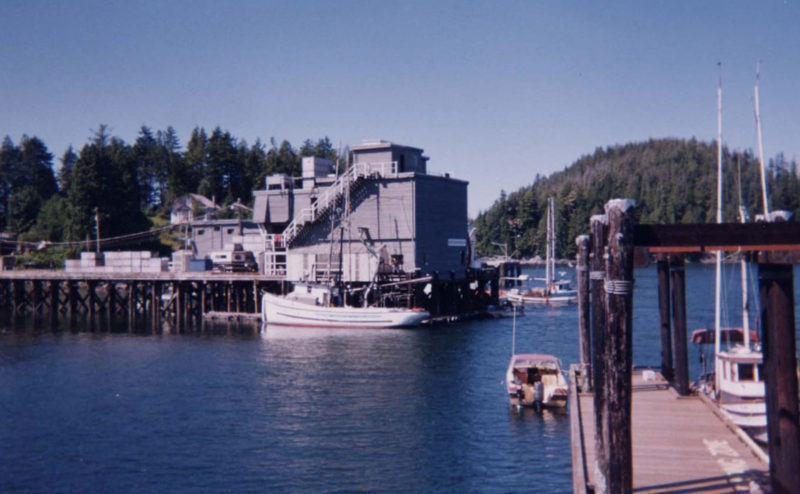 Quais, bateaux de pêche et le camp de pêche Tofino.