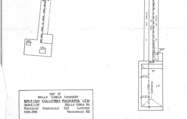 Plan à l'échelle d'une conserverie illustrant les bâtiments et les quais.