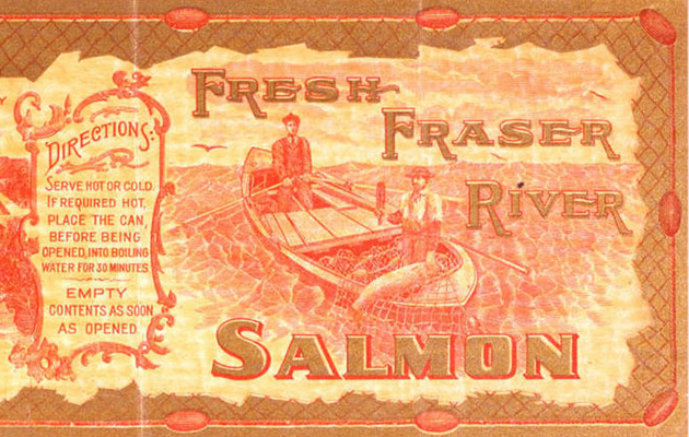 Étiquette montrant deux pêcheurs dans un skiff avec un saumon dans leur filet.