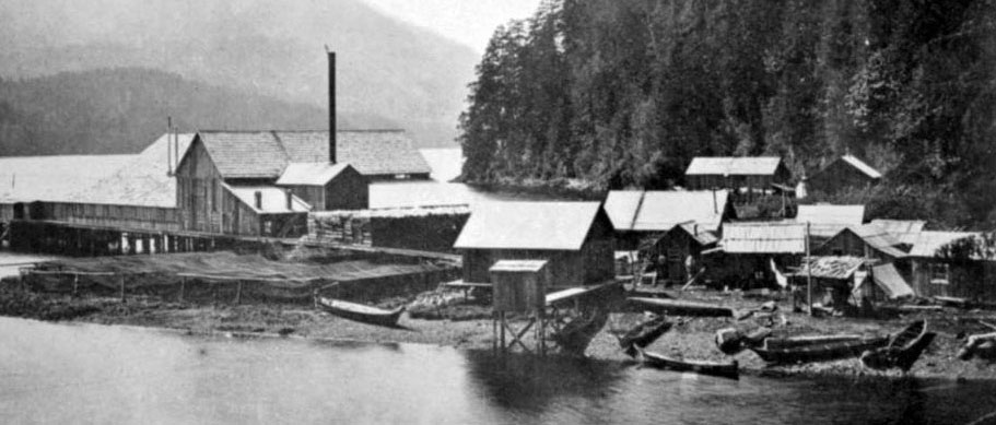 Un ensemble de petits et de grands bâtiments sur un terrain et des canots sur la plage.