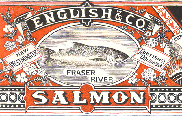 Une étiquette avec du rouge, noir et blanc, montrant un saumon