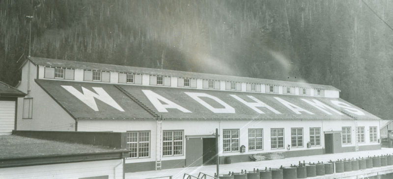 Les bâtiments de la conserverie Wadhams avec le nom de la compagnie, « Wadhams » en très grandes lettres sur le toit. Des bacs avec des filets longent le quai en avant-plan.