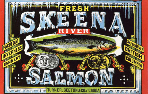 Étiquette de boîte de conserve : « Saumon frais du fleuve Skeena mis en boîte à la conserverie Inverness, fleuve Skeena, Colombie-Britannique ».
