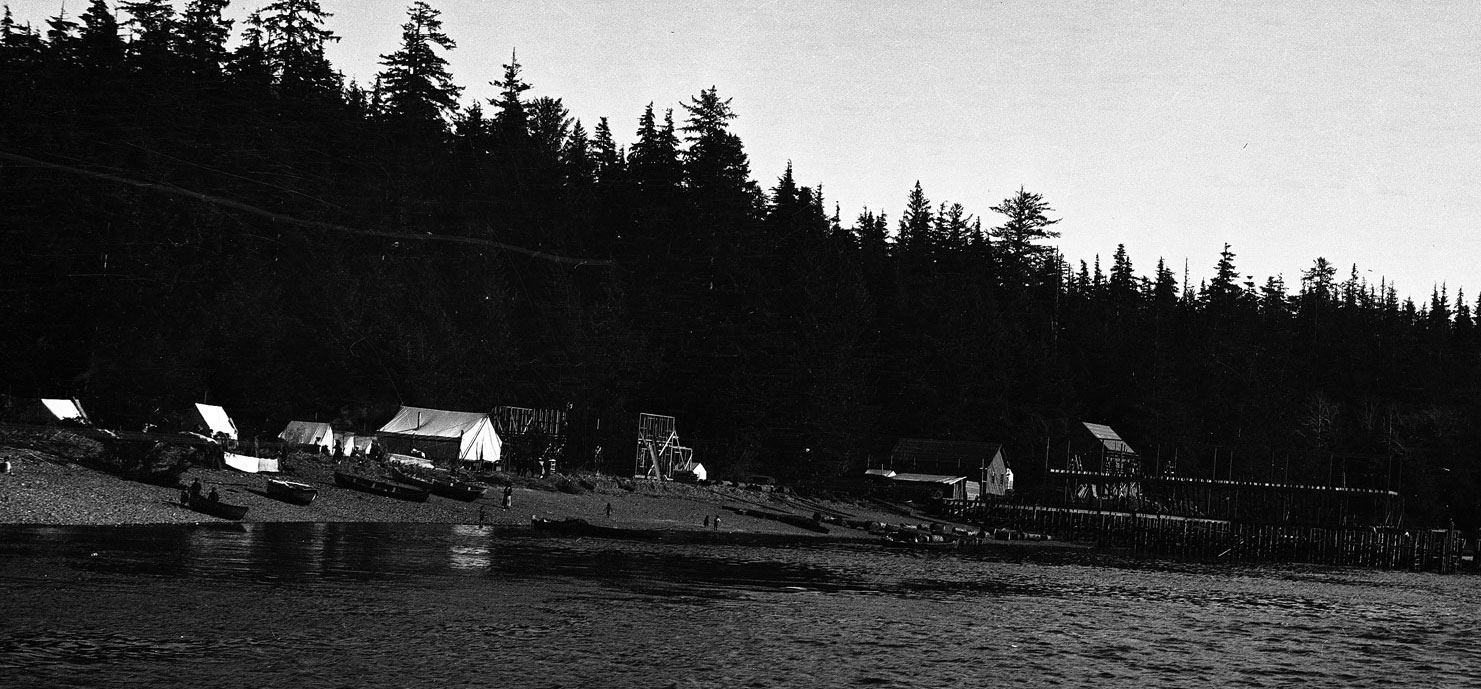 Bâtiments de la conserverie vus de loin à marée basse.