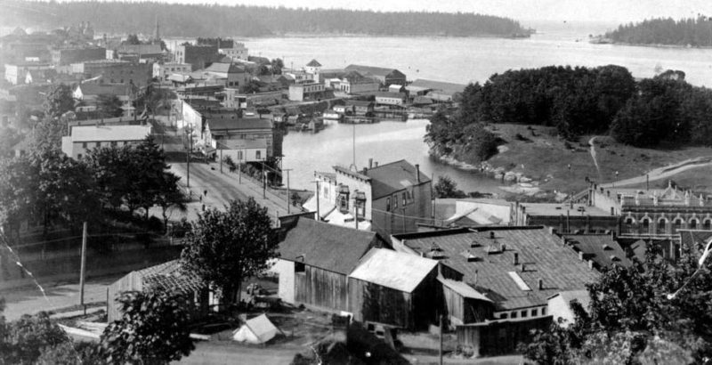 View of buildings in Nanaimo Harbour from a hilltop