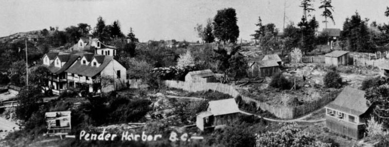 Un ensemble de maisons, de clôtures, de jardins et de sentiers sur un terrain avec de l'eau en arrière-plan.