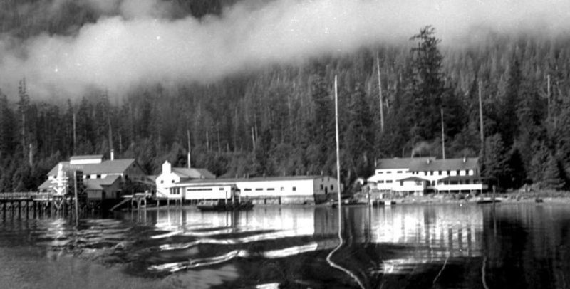 Complexe de la conserverie photographié sur l'eau avec une colline boisée et de bas nuages en arrière-plan.