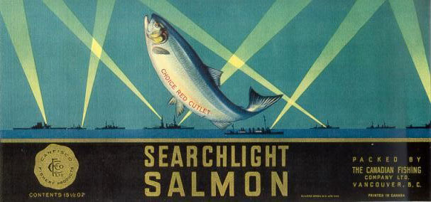 Label features boats projecting beams of light, with a salmon jumping in the foreground.