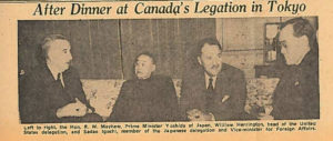 Newspaper clipping with image of the Tripartite Agreement negotiations. Headline reads "After dinner at Canada's Legation in Tokyo," with the caption "Left to right, the Hon. R. W. Mayhew, Prime Minister Yoshida of Japan, William Herrington, head of the United States delegation, and Sadao Iguchi, member of the Japanese delegation and Vice-minister for Foreign Affairs."