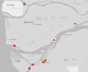 Black and grey map of the mouth of the Fraser River showing portions of Richmond and Delta. Dots indicate the locations of 8 of the Fraser River canneries operating in 1885.