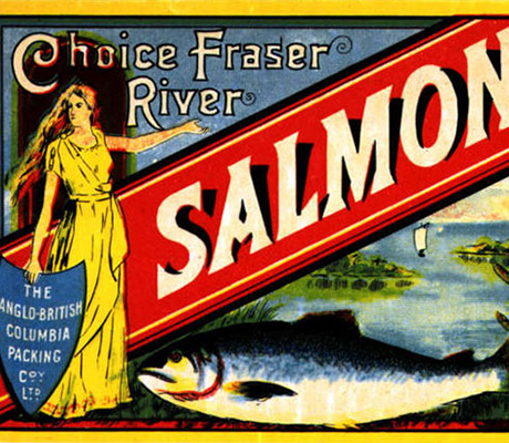 An ABC Brand label of Choice Fraser River salmon. The Anglo-British Columbia Packing Co. Ltd. The label art features a woman in a long flowing yellow dress.