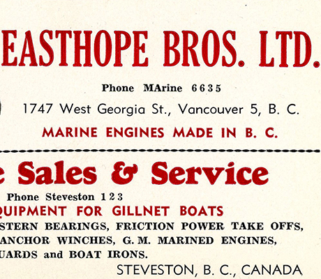 Business card for the Easthope Bros. Ltd., sellers of marine engines. Text on the card reads: "Easthope Bros. Ltd. Phone Marine 6635 1747 West Georgia St., Vancouver 5, B.C. Marine Engines Made in B.C."