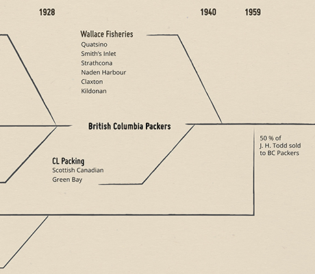 Infographic chart showing many smaller cannery companies merging into BC Packers