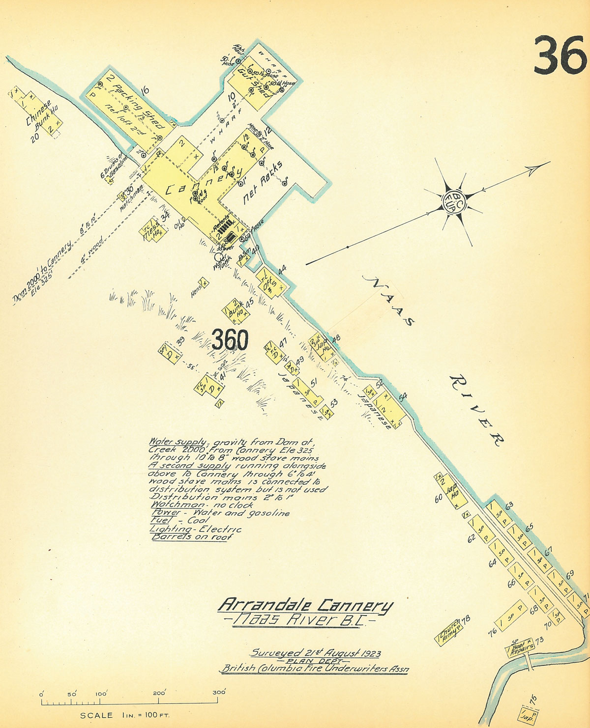 Scale drawing of cannery buildings. The words "Arrandale Cannery- Naas River B.C.- Surveyed 21st August 1923 Plan Dept. British Columbia Fire Underwriters Assoc." appear at the bottom of the page.