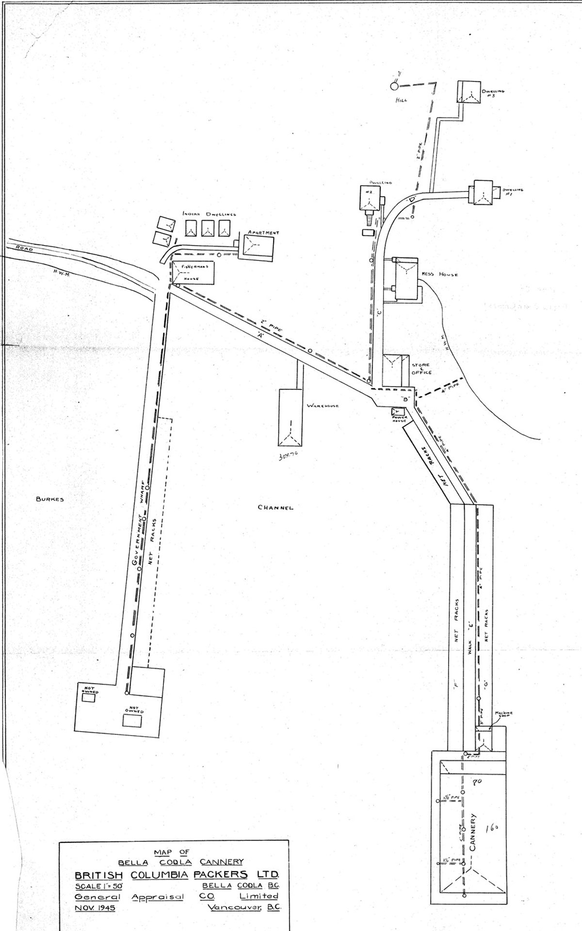 Scale plan of cannery showing buildings and wharves.