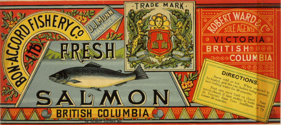 Étiquette avec des caractères gras, des couleurs vives et l'image d'un saumon.