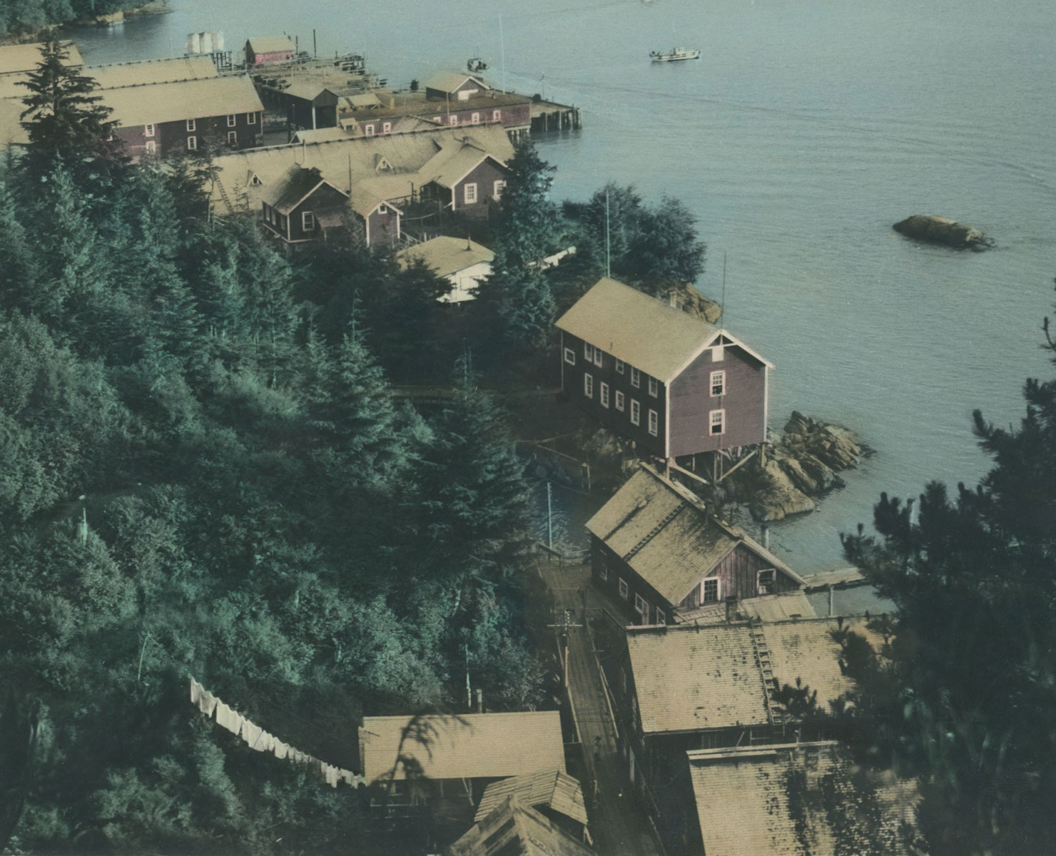 Hand tinted image of Carlisle Cannery buildings, including cannery structures and workers' lodgings, viewed from the top of a nearby hill.