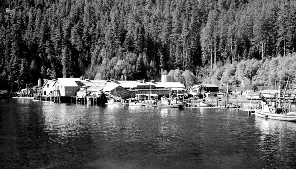 Les bâtiments de la conserverie CeePeeCee vus de l'eau avec des bateaux de pêche amarrés au quai.