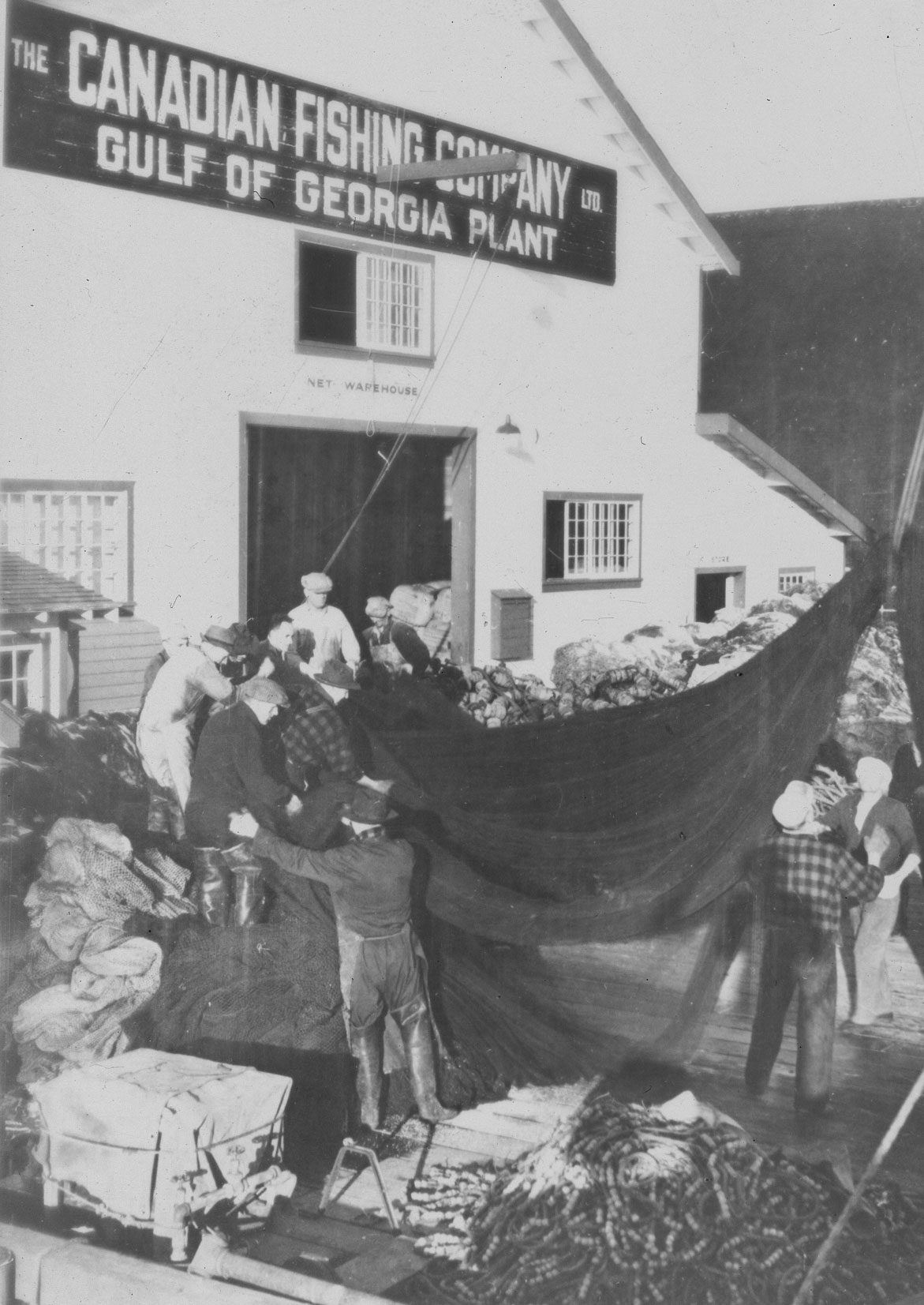 Plusieurs hommes sont rassemblés autour d'un filet. On peut lire sur une enseigne du bâtiment : « The Canadian Fishing Company Ltd. Gulf of Georgia Plant ».