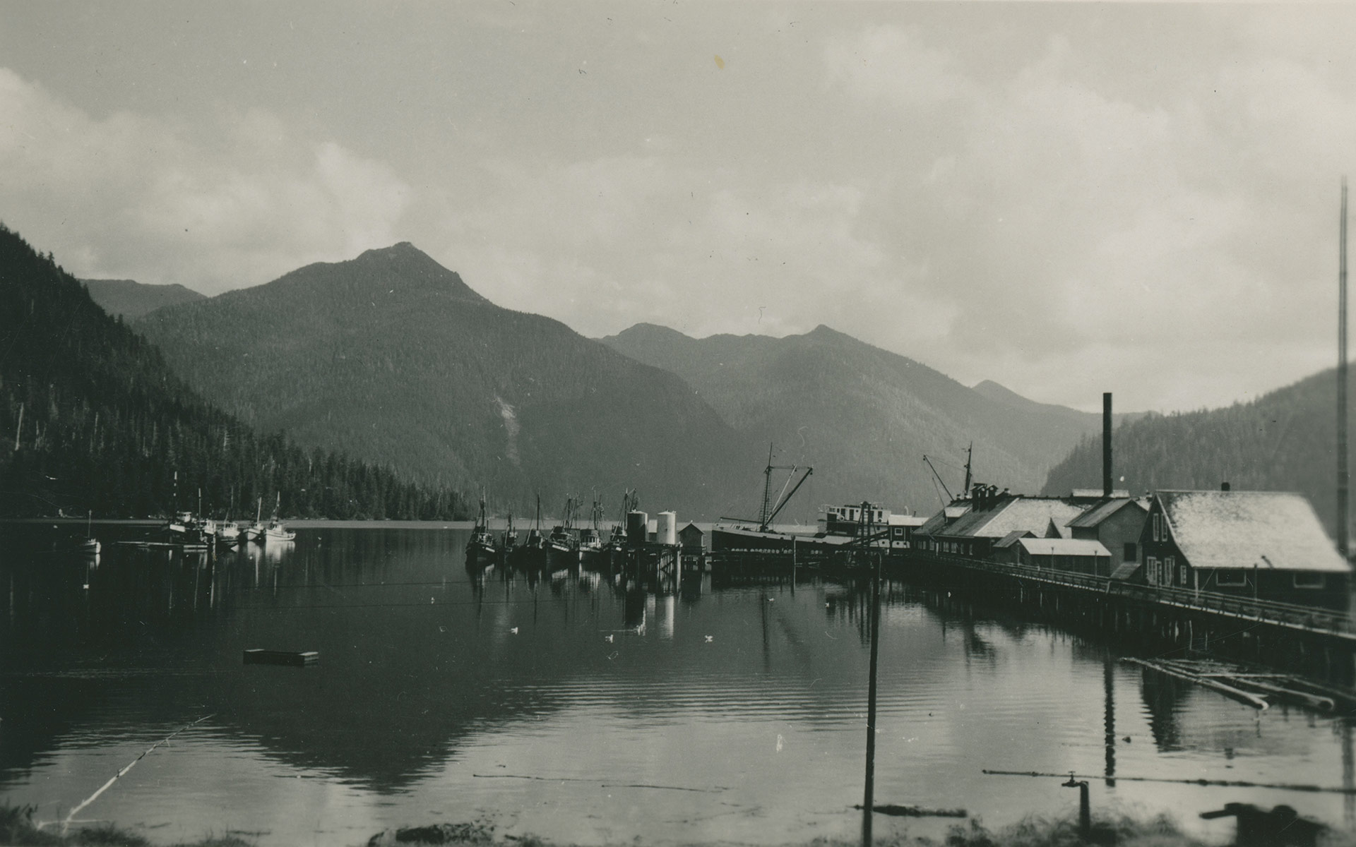 Lagoon Bay Cannery dock with mountains in the background.