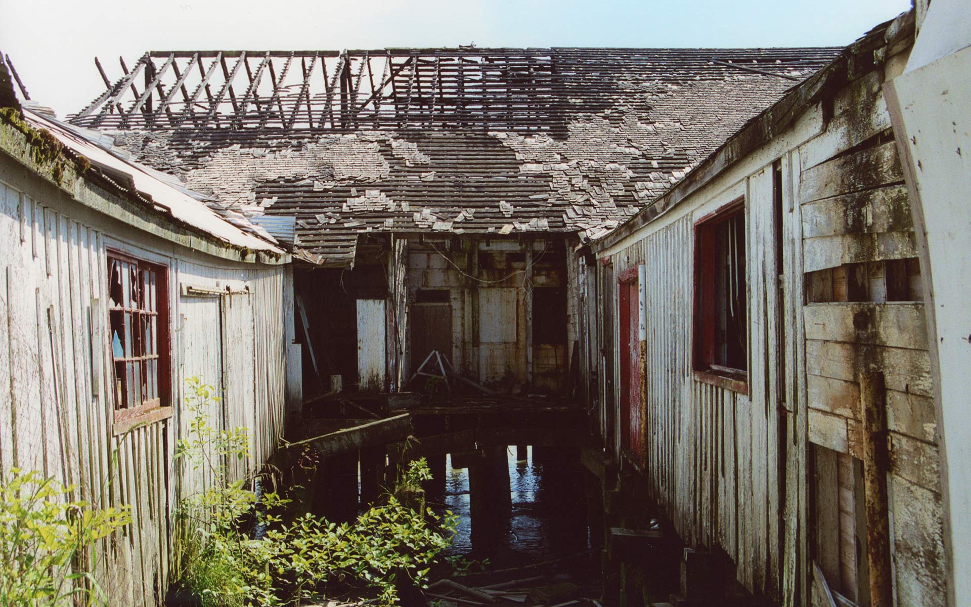Cannery buildings in disrepair with planks of wood in the water, and broken windows.
