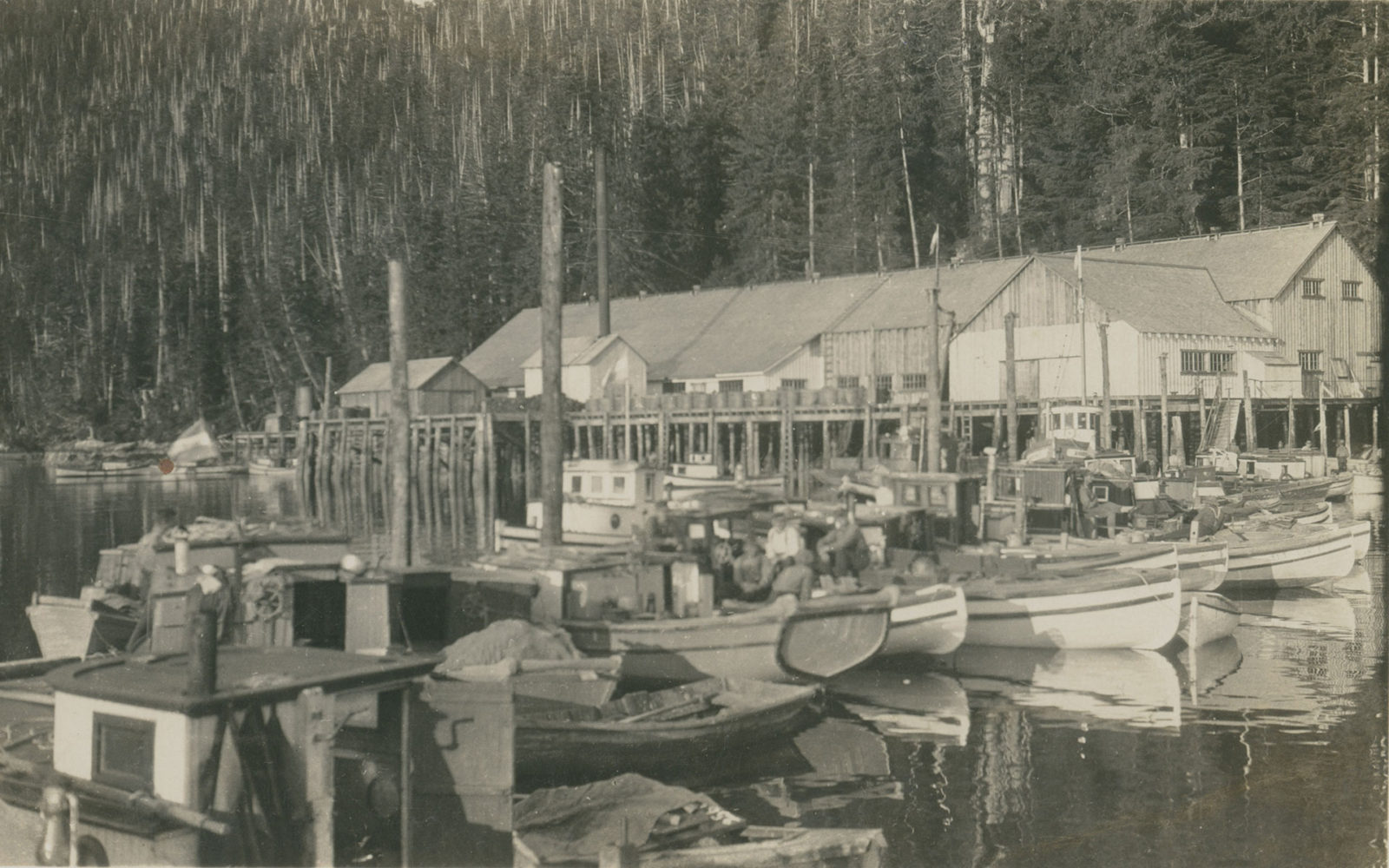 Rivers Inlet Cannery buildings with many boats moored at the wharf in the foreground.
