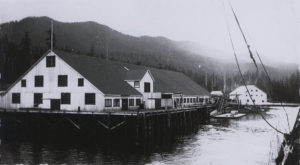 View of the Shannon Bay Cannery from the bow of a boat approaching the cannery.