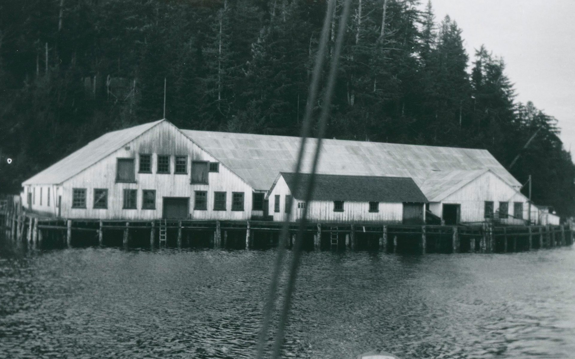 Shushartie Cannery buildings photographed from a boat on the water. Two ropes, part of the rigging of a boat, are visible in the foreground. The cannery sits at the waters edge with a wooden hill behind it.