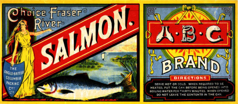 Étiquette de la marque ABC du saumon Choice du fleuve Fraser. Compagnie Anglo-British Columbia Packing ltée. L'image de l'étiquette présente une femme portant une longue robe jaune flottante.