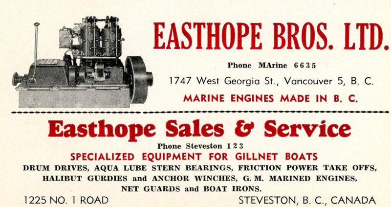 Carte d'affaires de la Eastshope Bros. ltée, marchand de moteurs marins. Le texte de la carte dit : « Easthope Bros. Ltd. Phone Marine 6635 1747 West Georgia St., Vancouver 5, C.-B. Moteurs marins fabriqués en C.-B. ».