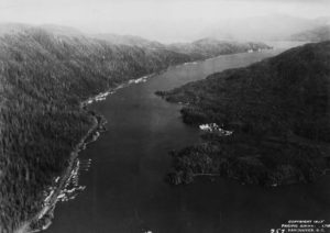 Rivers Inlet and surrounding land. Text in the bottom right side of the image reads "Copyright 1927 Pacific Airways Ltd. Vancouver B.C."